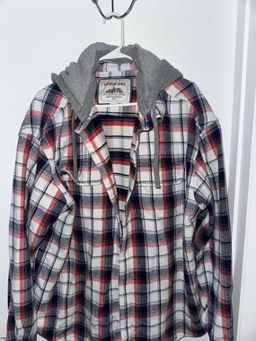 American Eagle Plaid Hooded Flannel - Red, Navy & Gray